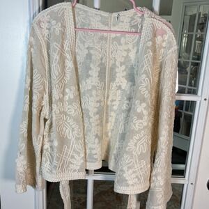 Cream Embroidered Lace Tie-Front Cardigan Boho Feminine Romantic Fairy